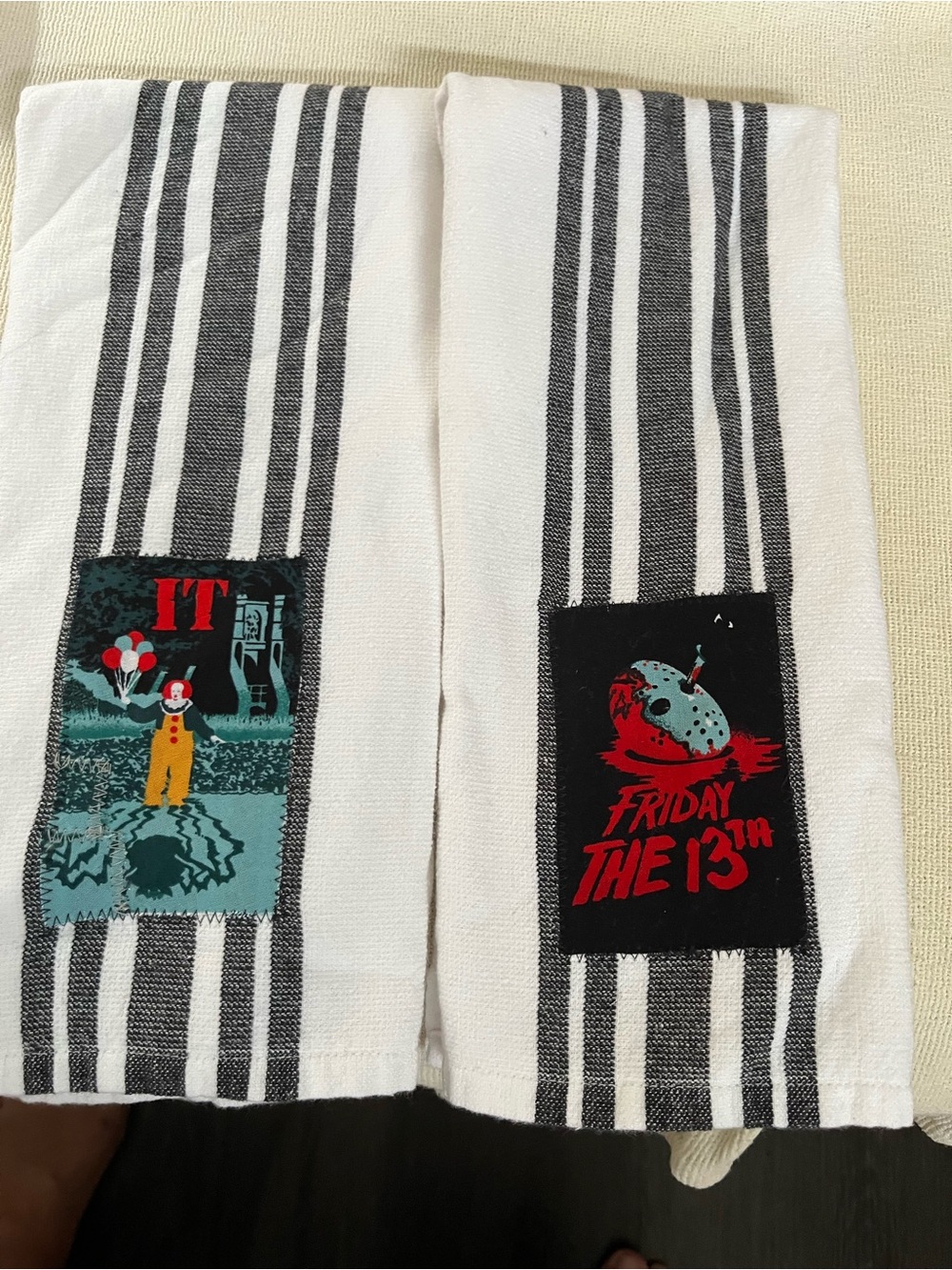 Kitchen White & Black Striped Horror sewn appliqués of IT & Friday the 13 towels